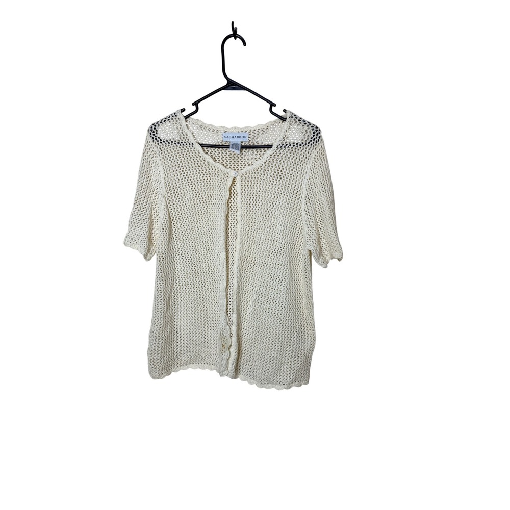Sag Harbor Cream Crochet Short Sleeve Cardigan Scalloped Trim Large